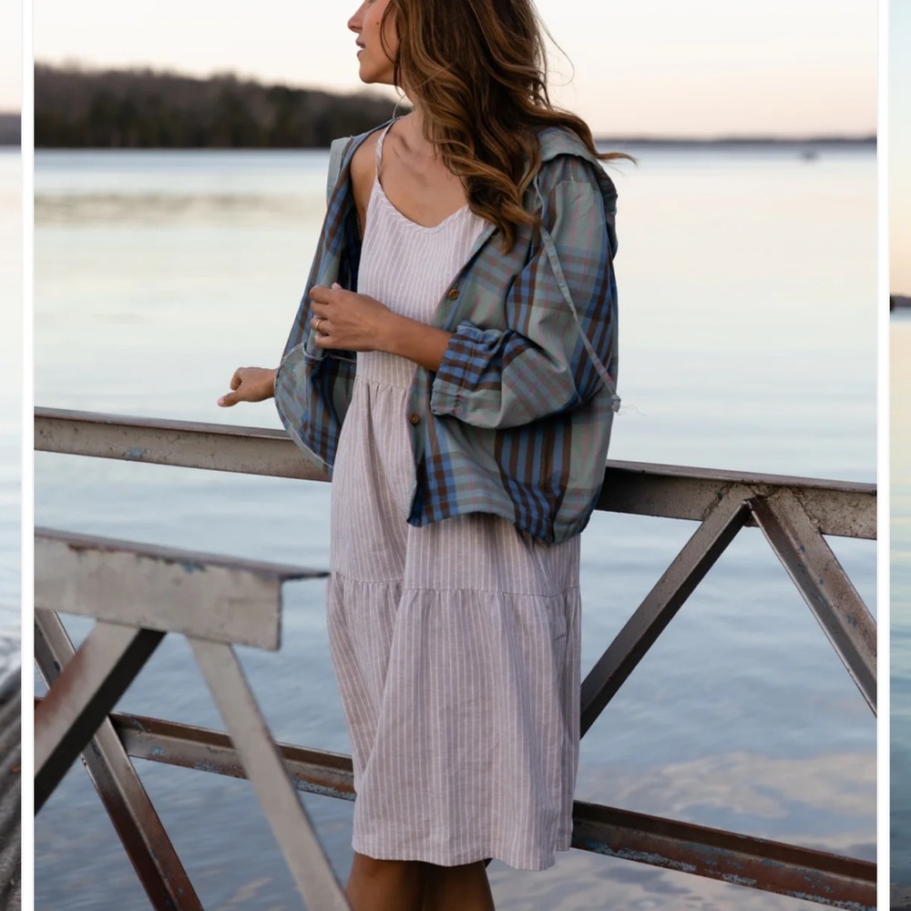 Lena Tiered Linen Dress in Beige and White Stripe Sz L handmade fair trade - Picture 4 of 7